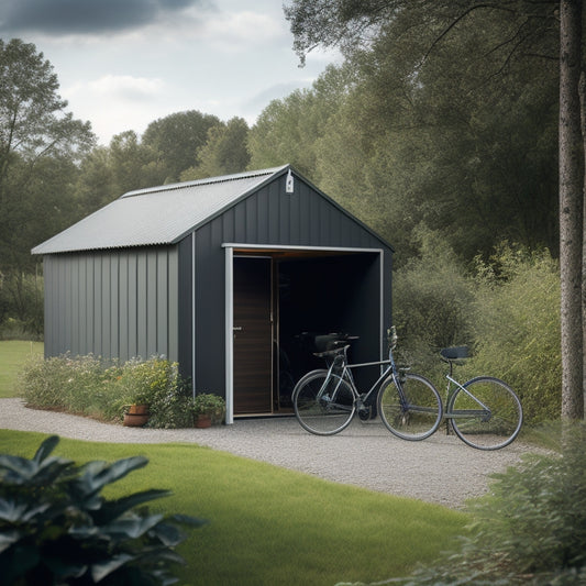 A rustic, rural landscape with a modern metal bike shed in the foreground, featuring a sleek, silver roof and charcoal-grey walls, surrounded by lush greenery and a few bicycles.