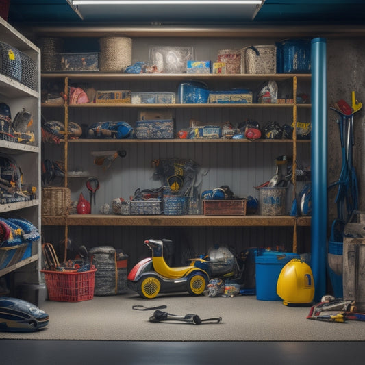 A cluttered garage with toys, sports equipment, and tools scattered everywhere, with a faint outline of a sleek shelving system in the background, hinting at a more organized future.