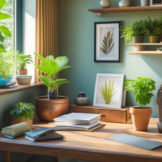 An organized home office with a tidy desk, a few neatly labeled file folders, and a small potted plant, surrounded by a subtle background of calming colors and natural light.
