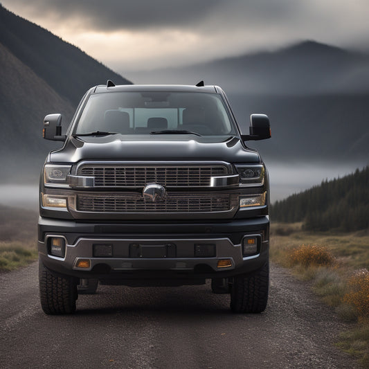A rugged, black horse grille guard installed on a sleek, silver pickup truck, set against a misty, mountainous background with a winding road disappearing into the distance.