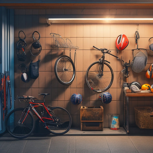 A tidy garage with a Koova Rack mounted on the wall, holding various sports equipment like bicycles, helmets, and balls, with a few empty hooks and a subtle background of a cityscape at dusk.