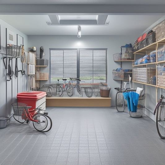 A serene and organized family garage with a sleek, gray epoxy floor, neatly arranged bins and baskets on labeled shelves, and a few, well-maintained bicycles hung from the ceiling.