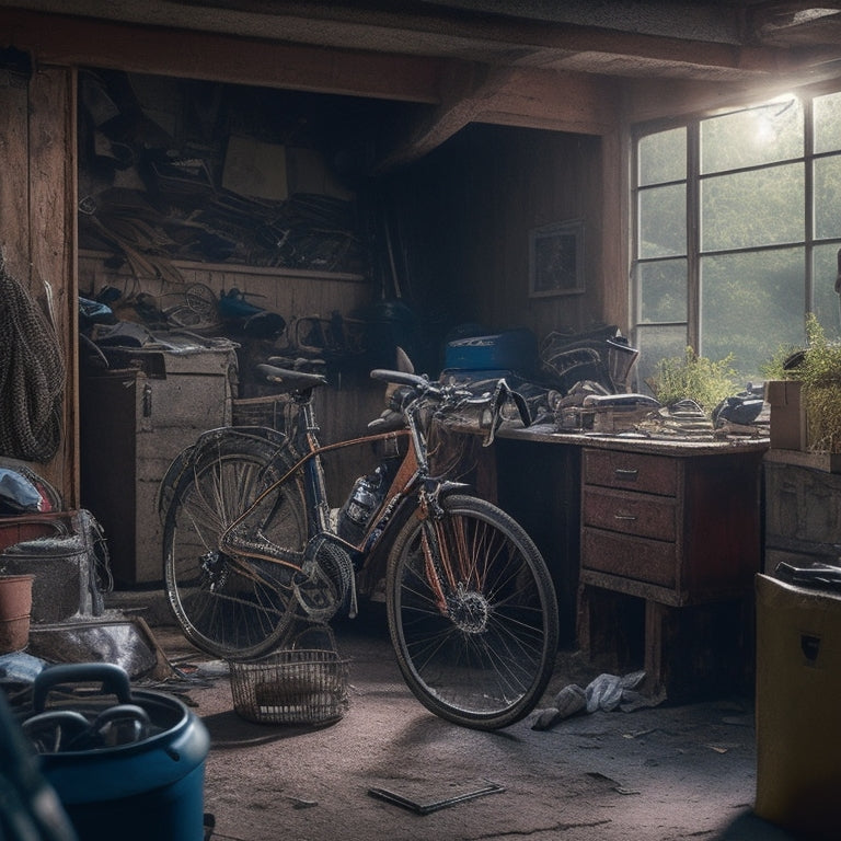 A cluttered garage with a bicycle buried beneath piles of boxes, tools, and forgotten memorabilia, with a subtle glimpse of a serene outdoor cycling path through a small, grimy window in the background.
