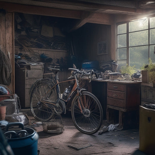A cluttered garage with a bicycle buried beneath piles of boxes, tools, and forgotten memorabilia, with a subtle glimpse of a serene outdoor cycling path through a small, grimy window in the background.