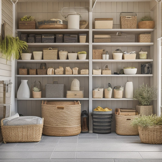A tidy, organized garage or storage room with labeled bins, baskets, and shelves holding patio decor items like lanterns, planters, and outdoor pillows in a warm, neutral color palette.