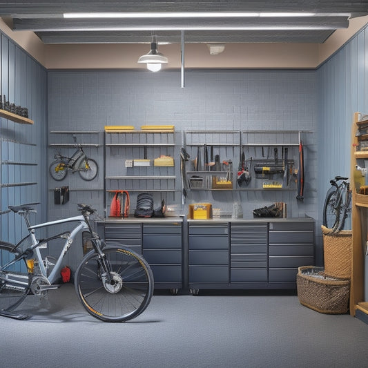 A well-organized garage with a slatted wall system, sleek cabinets, and a workstation featuring a stainless steel countertop, surrounded by bicycles, tools, and storage bins, lit by overhead LED lights.