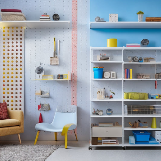A modern, minimalist room with a wall-mounted pegboard holding various colorful tools and accessories, alongside a sleek, sliding ladder bookshelf, and a hidden storage ottoman in the foreground.