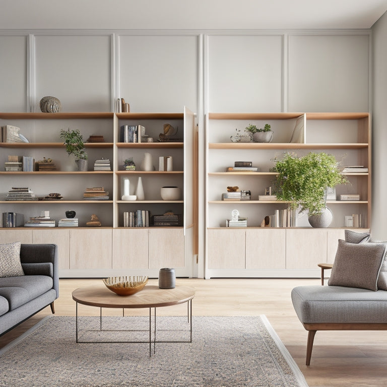 A serene, modern living room with custom-built floor-to-ceiling shelving units in a warm wood tone, showcasing decorative vases and books, adjacent to sleek, handle-less cabinets in a contrasting white finish.