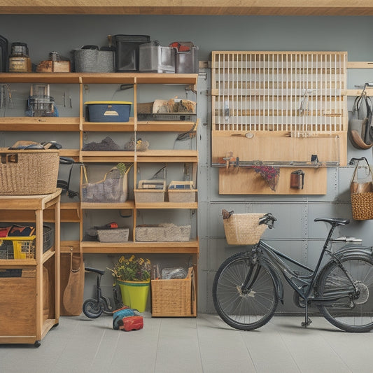 A well-organized garage with a slatted wall system, labeled bins, and a pegboard, featuring a neatly hung bike, a toolbox on a mobile cart, and a few gardening tools on a neatly arranged shelf.