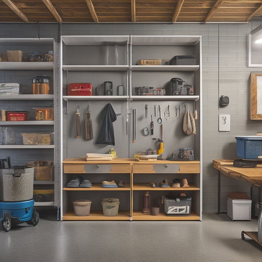 A tidy garage with a pegboard adorned with hanging tools, a labeled shelving unit, and a rolling cabinet with closed drawers, set against a clean, gray concrete floor and illuminated by natural light.