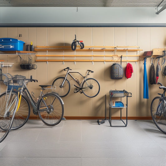 A well-organized garage interior with a slatwall, bins, and baskets, a pegboard with hanging tools, a ceiling-mounted bike rack, and a sleek, epoxy-coated floor.