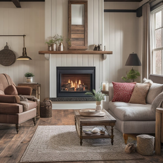 A cozy living room with a refurbished fireplace, surrounded by horizontal shiplap in a weathered wood tone, adorned with decorative metal straps and a reclaimed wood mantel, amidst plush furniture and warm lighting.