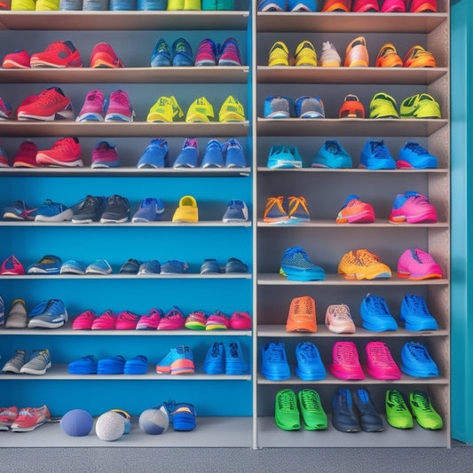 A tidy garage interior with a slotted wall panel displaying 12 pairs of colorful sports shoes, each nestled in a individual cubby, with a few balls and sports equipment scattered around.
