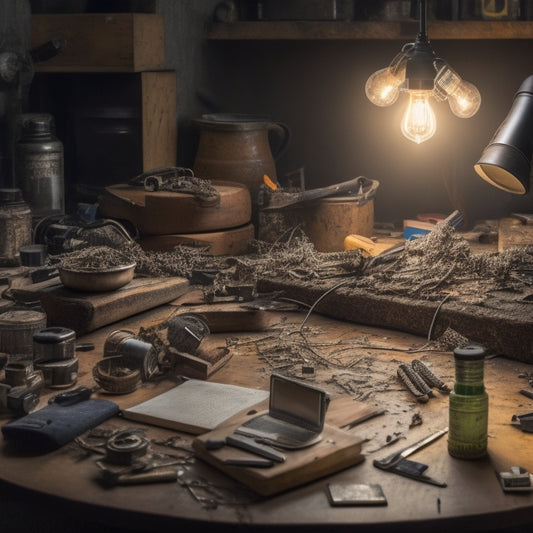 A cluttered workshop table with scattered tools, wires, and broken gadgets, transformed by a single, worn service manual lying open, illuminating a bright lightbulb moment amidst the chaos.