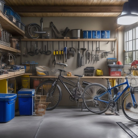 A cluttered garage with tools and storage bins scattered about, transitioning into a organized space with labeled bins and a sleek iPhone on a workbench, surrounded by organized tools and a few bicycles.