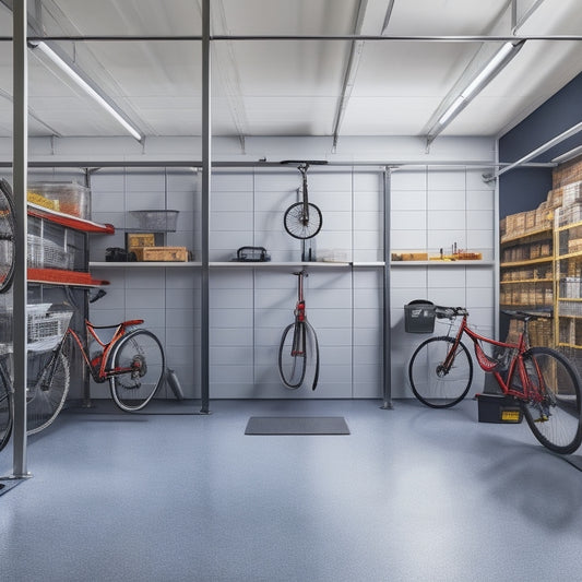 A well-lit, spotless garage interior featuring sleek, silver metal shelves with neatly organized tools, storage bins, and a few bicycles, surrounded by a polished concrete floor and white walls.