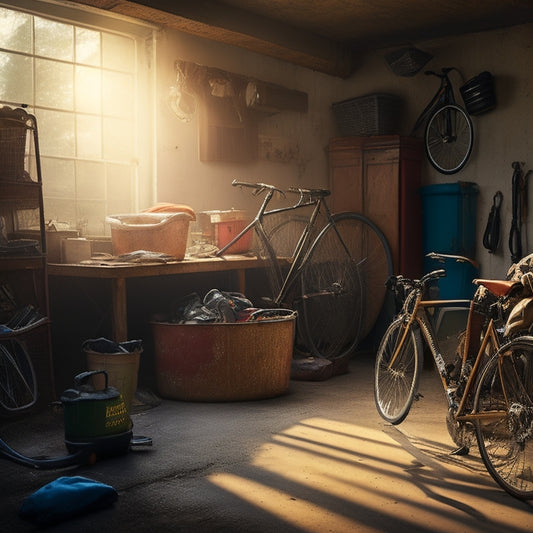 A cluttered garage with bicycles, tools, and storage bins scattered everywhere, surrounded by cobwebs, with a few rays of sunlight peeking through a dusty window in the background.