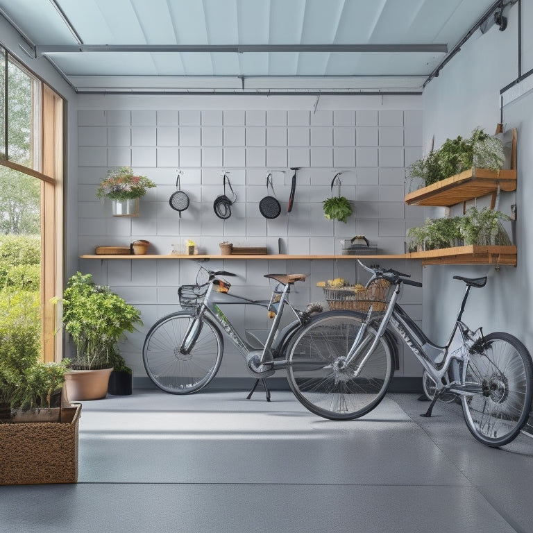 A clutter-free garage with a sleek, grey epoxy floor, organized toolboxes, and a few bicycles hung from the ceiling, surrounded by well-lit, white walls and a few potted plants.