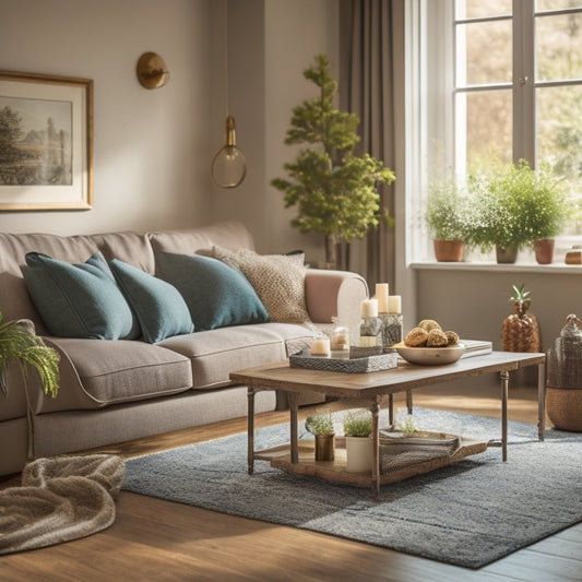 A serene, organized living room with a few, carefully-placed decorative items, a tidy coffee table, and a subtle background of soft, natural light, contrasting with a messy, cluttered room in the background.