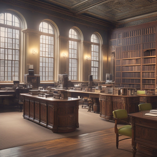 A warmly lit, high-ceilinged research room with rows of wooden tables, surrounded by towering shelves of ancient tomes, microfilm machines, and soft natural light filtering through large windows.