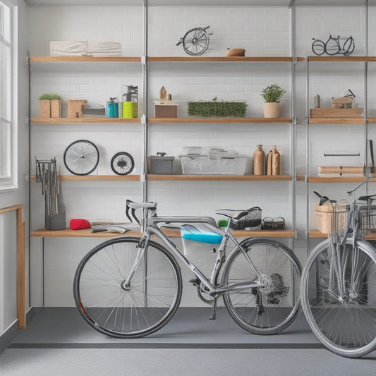 A well-organized garage with sleek, wall-mounted shelves and cabinets in a modern gray and white color scheme, featuring a sliding bike rack and a hanging tool organizer with neatly arranged tools.