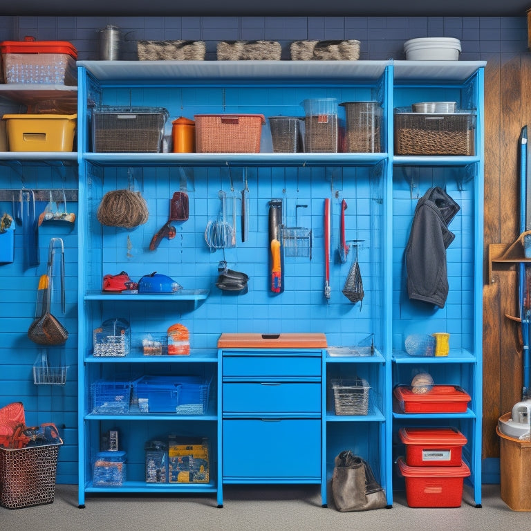 A tidy garage with a slatwall, hooks, and bins, featuring a pegboard with hanging tools, a labeled shelving unit, and a floor-to-ceiling storage system with baskets and bins.