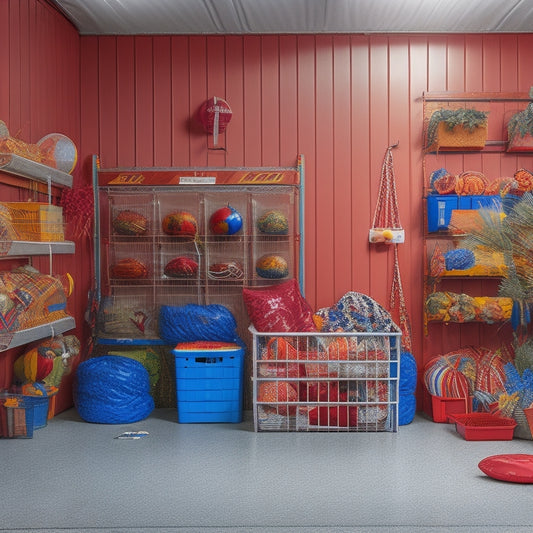 A well-organized garage with a slatted wall system, holding bins and baskets filled with winter decorations, surrounded by a few festive inflatables and a ladder against a neutral-colored background.