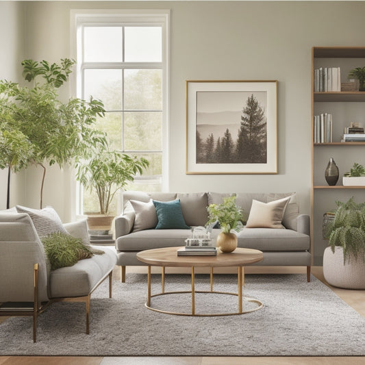 A serene living room with a sleek, minimalist storage ottoman, surrounded by a plush area rug, potted greenery, and a floor-to-ceiling bookshelf with decorative vases and framed artwork.