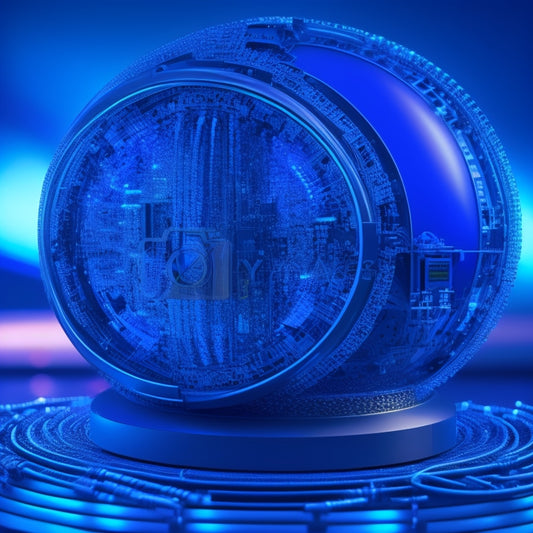 A futuristic, metallic sphere with glowing blue circuits and wires, surrounded by floating 3D models of mechanical parts, gears, and futuristic machines, set against a dark, gradient blue background.