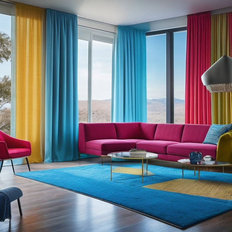 A modern room with a slanted ceiling, featuring a sleek, low-profile sofa in a bold color, paired with a geometric-patterned rug and a floor-to-ceiling curtain that draws the eye upward.