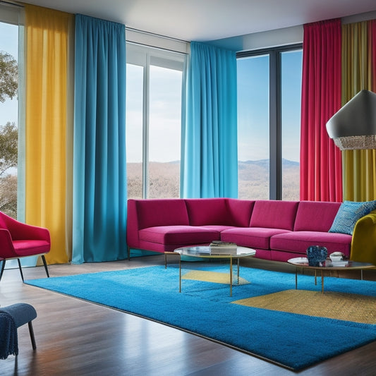 A modern room with a slanted ceiling, featuring a sleek, low-profile sofa in a bold color, paired with a geometric-patterned rug and a floor-to-ceiling curtain that draws the eye upward.