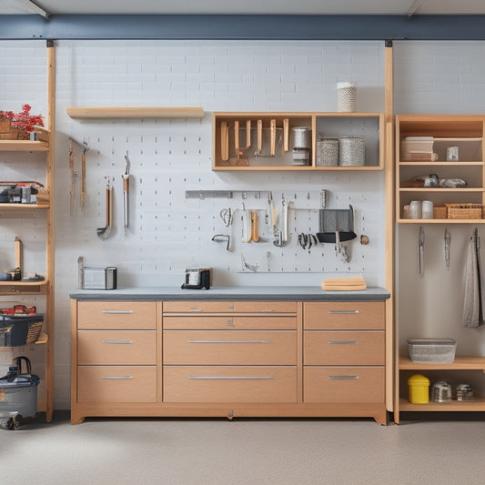 A well-organized garage interior with sleek, gray cabinets, polished chrome handles, and a pegboard adorned with neatly hung tools, set against a warm, beige background with subtle wood accents.