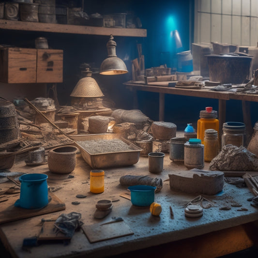 A cluttered workshop table with scattered cement dust, assorted molds, and various DIY project components, surrounded by half-finished creations and artistic tools, bathed in warm, soft lighting.