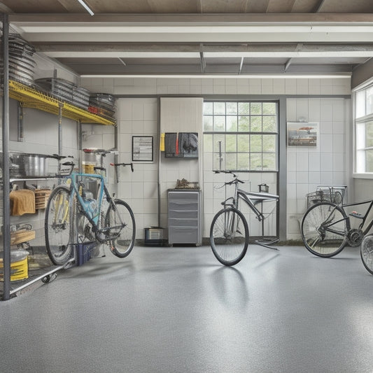 A well-organized garage with a sleek, silver tool chest, a wall-mounted bike rack, and a polished concrete floor, surrounded by natural light pouring in from a large, overhead window.