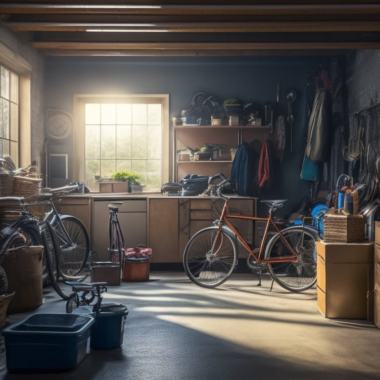 A cluttered garage interior with tools scattered on the floor, bicycles leaning against the walls, and boxes stacked haphazardly, with a single, open door in the background, casting a beam of light.
