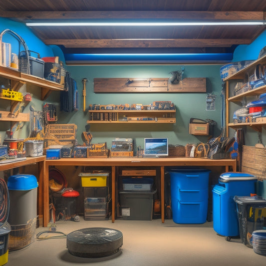A cluttered garage with tools and equipment scattered around, transitioning into a organized space with labeled bins, a clean workbench, and a desktop computer with a garage management software open on the screen.