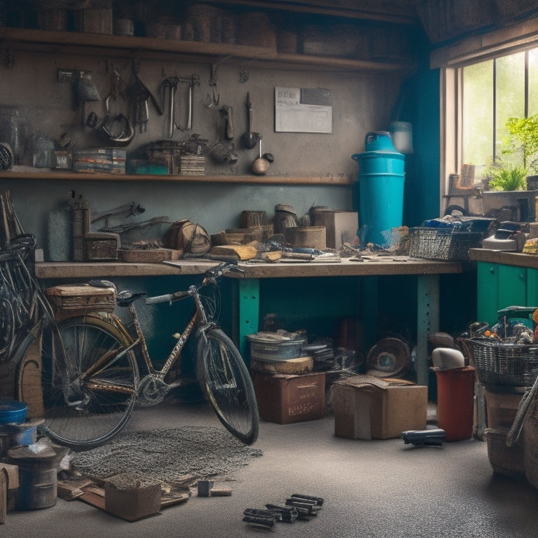 A cluttered garage with a bicycle tangled among cobwebs, rusty tools, and stacked boxes, surrounded by dusty shelves and a workbench cluttered with scattered nuts and bolts.