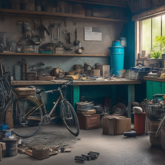 A cluttered garage with a bicycle tangled among cobwebs, rusty tools, and stacked boxes, surrounded by dusty shelves and a workbench cluttered with scattered nuts and bolts.