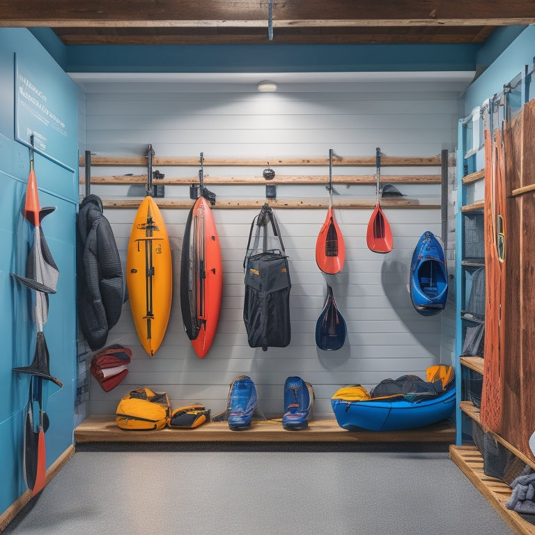 A clutter-free garage with a sleek, wall-mounted kayak rack holding two kayaks, and a floor-to-ceiling storage unit with labeled bins for paddles, life jackets, and other gear.