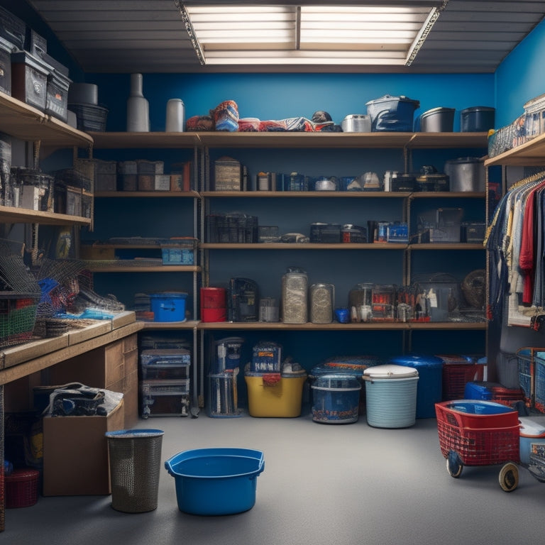 A cluttered garage with bulky items scattered on the floor, contrasted with a clean and organized section featuring three different garage shelving units with labeled bins and neatly stored items.