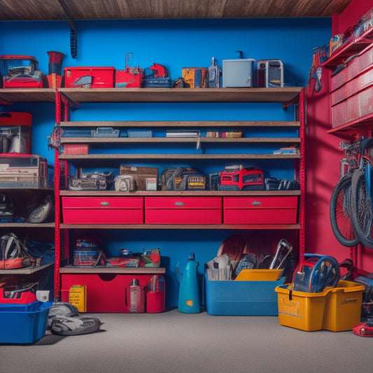 A cluttered garage with scattered tools and boxes, contrasted with a nearby organized section featuring a sturdy, metallic heavy-duty shelving unit with neatly stacked bins and a red toolbox on top.