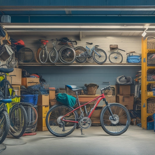 An overcrowded garage interior with various items stacked haphazardly, including bikes, boxes, tools, and sports equipment, with a faint outline of a clean and organized space in the background.