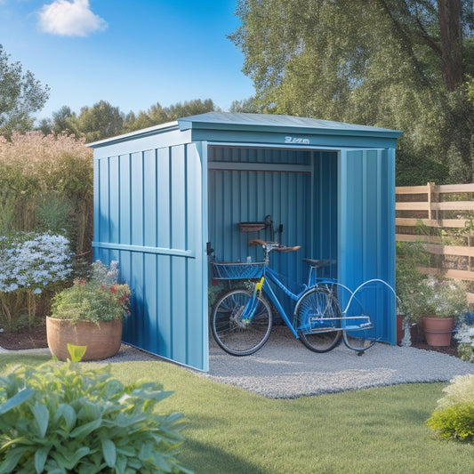 A serene backyard with a newly assembled EZEE Shed Steel Storage unit, surrounded by lush greenery, with a few gardening tools and a bike parked beside it, under a sunny blue sky.