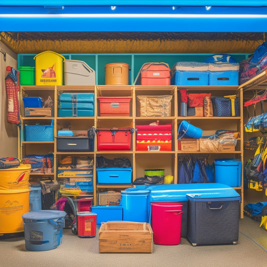 A colorful, well-organized garage or storage room with camping gear, including a neatly hung tent, stacked coolers, and bins labeled with outdoor icons, surrounded by empty space and natural light.