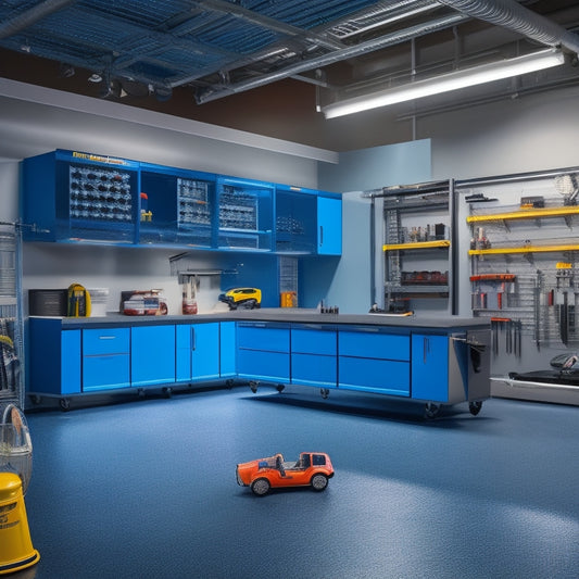 A brightly lit, modern garage with epoxy-coated floors, organized storage systems, and a sleek, metallic workbench, surrounded by neatly arranged tools and a few shiny, high-performance sports cars.