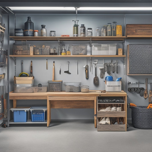 A well-organized garage with sleek, silver shelving units, adjustable to different heights, holding various storage bins and baskets, beneath a wooden workbench with a vice and scattered tools.