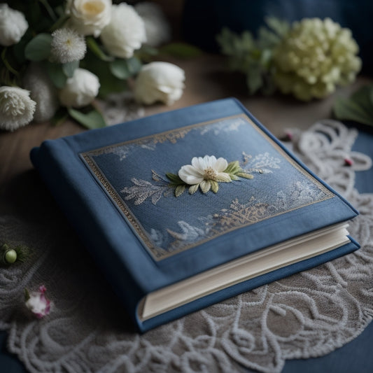 A beautifully crafted, open fabric photo album with a soft, velvety cover in a muted blue hue, adorned with intricate white embroidery, displaying a mix of colorful, rounded-cornered photos.