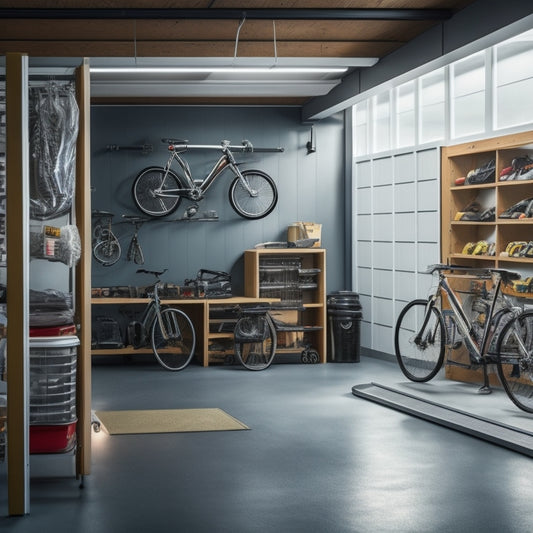 A tidy garage interior with a silver sports car, hooks holding bicycles and tools, a slatwall with bins, and a polished concrete floor reflecting a sense of organization and calmness.