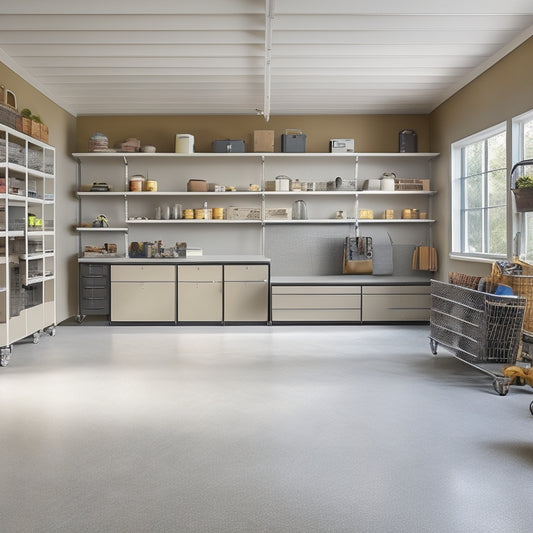 A clutter-free garage with a sleek epoxy-coated floor, organized metal shelving units, and a few well-placed hooks, surrounded by a warm beige and gray color scheme, with plenty of natural light.
