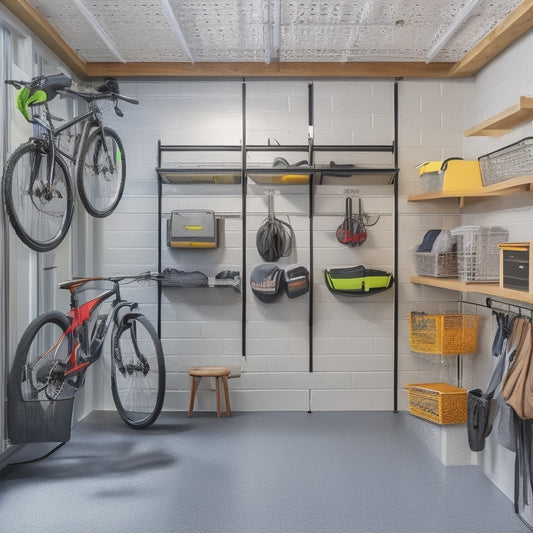 A tidy garage interior with sleek, wall-mounted bike racks, a slotted tool organizer, and a floor-to-ceiling storage system with baskets and bins, set against a warm, neutral-toned background.